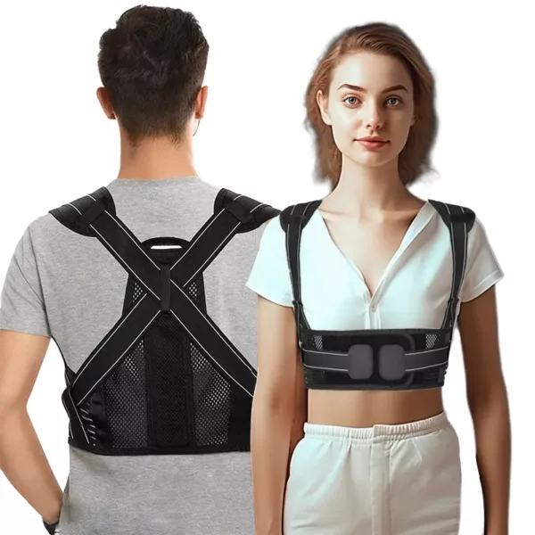 Adjustable and Breathable Black Back Brace Posture Corrector with Replaceable Support Plates for Men and Women